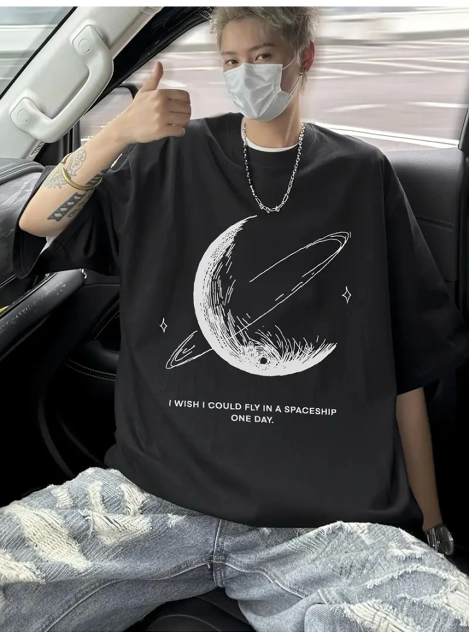 Baskılı Oversize Bisiklet Yaka T-shirt - Siyah