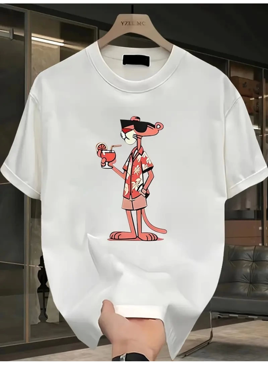 Baskılı Oversize Bisiklet Yaka T-shirt - Beyaz