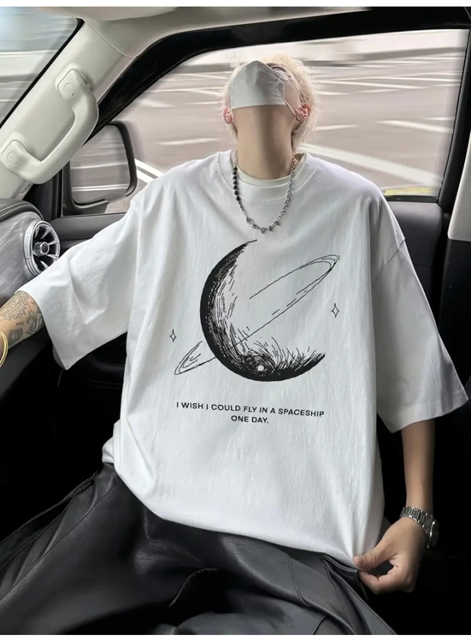 Baskılı Oversize Bisiklet Yaka T-shirt - Beyaz