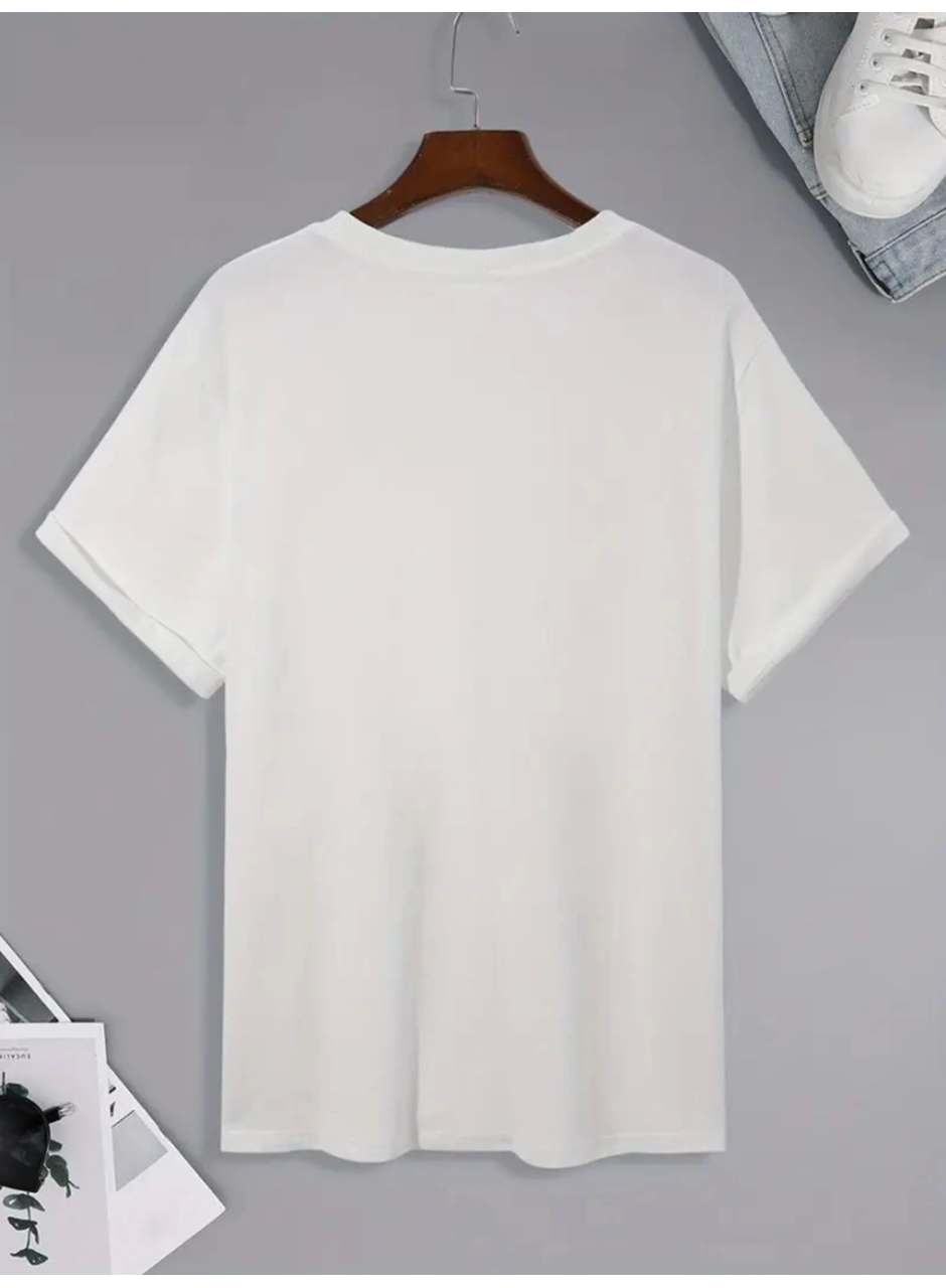 Baskılı Oversize Bisiklet Yaka T-shirt - Beyaz