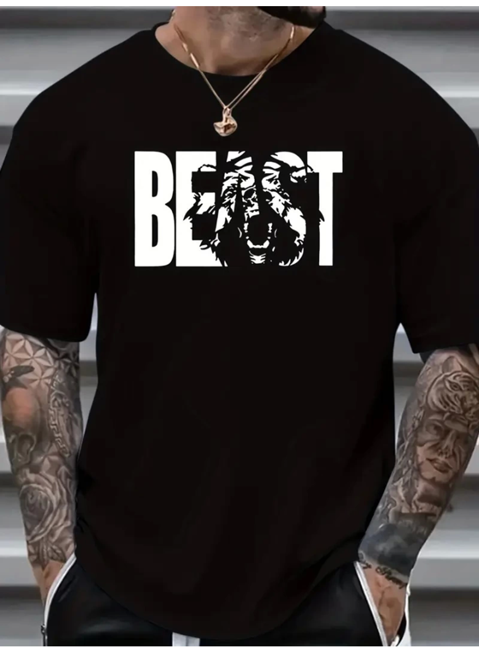 Baskılı Oversize Bisiklet Yaka T-shirt - Siyah