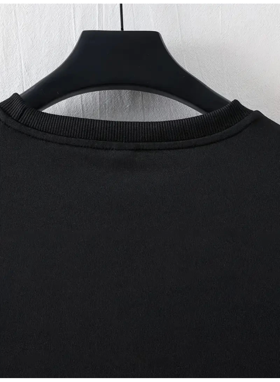 Baskılı Oversize Bisiklet Yaka T-shirt - Siyah