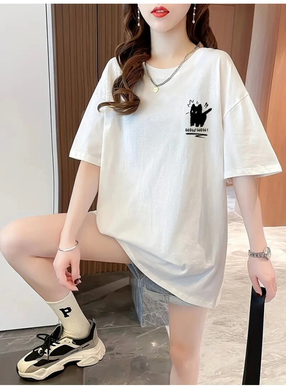 Baskılı Oversize Bisiklet Yaka T-shirt - Beyaz