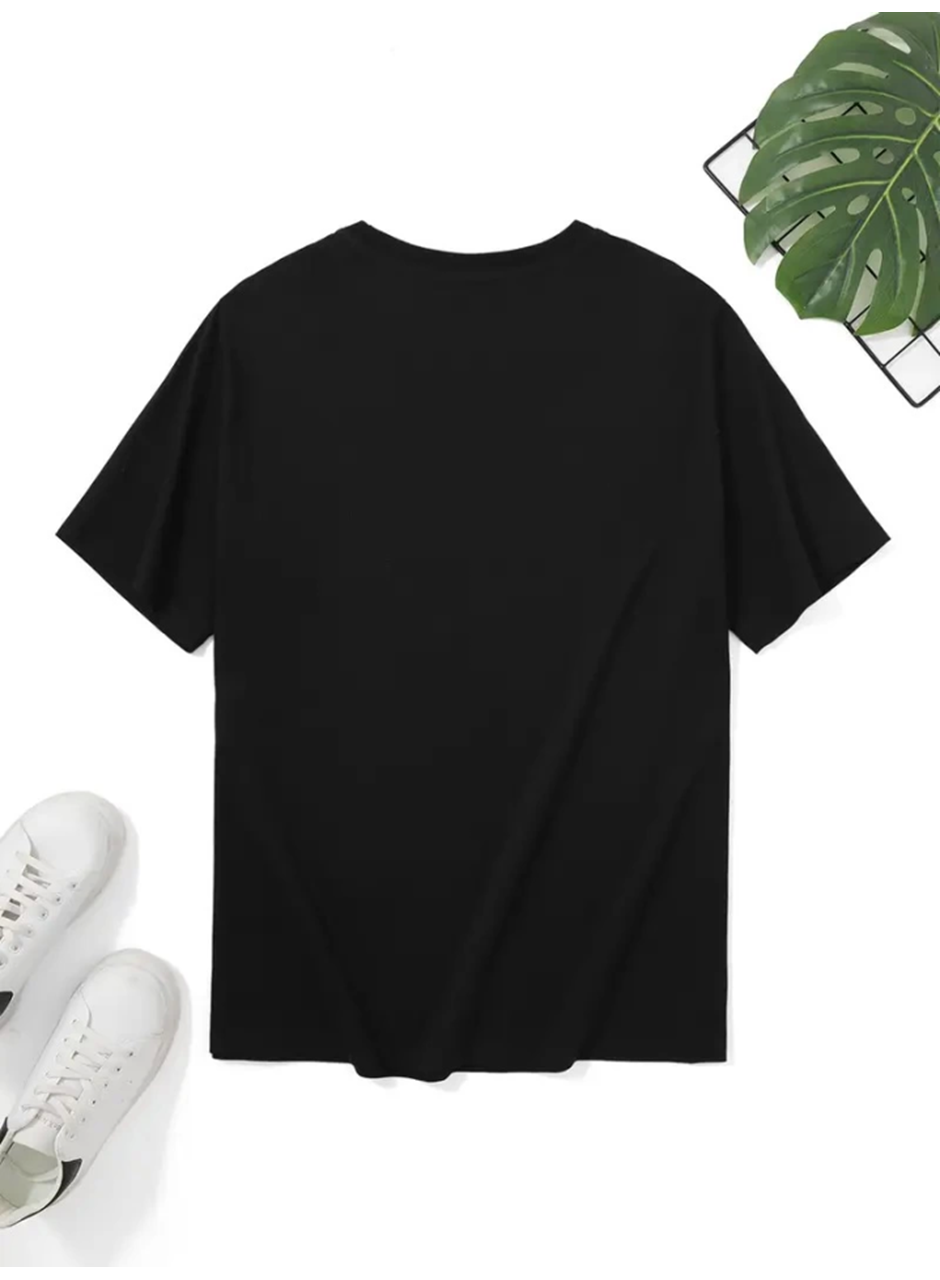 Baskılı Oversize Bisiklet Yaka T-shirt - Siyah