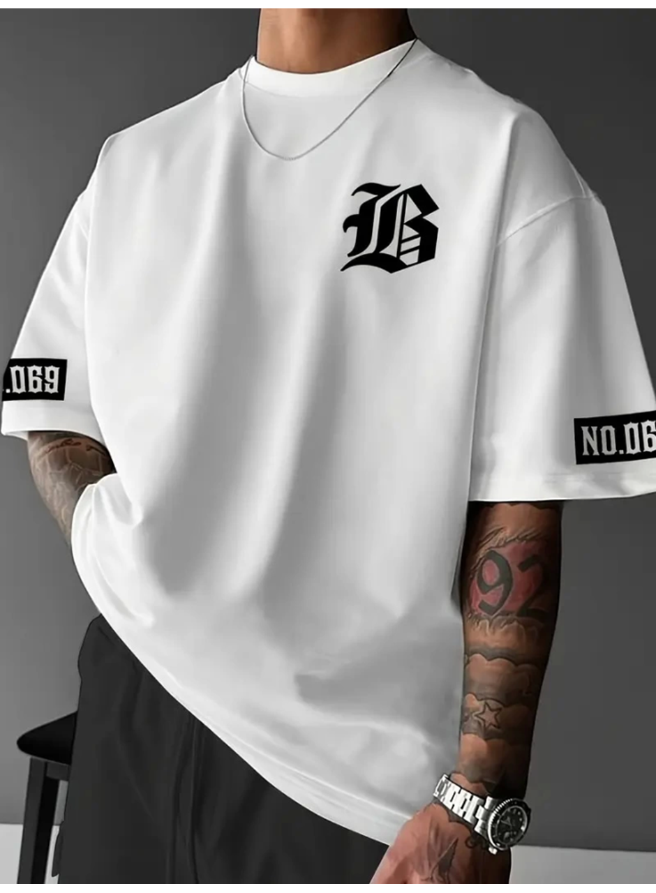 Baskılı Oversize Bisiklet Yaka T-shirt - Beyaz