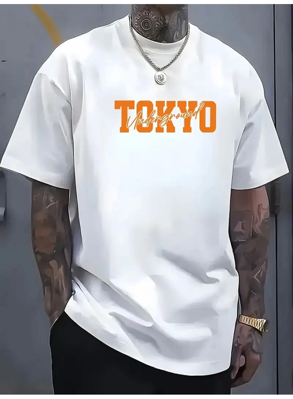 Baskılı Oversize Bisiklet Yaka T-shirt - Beyaz