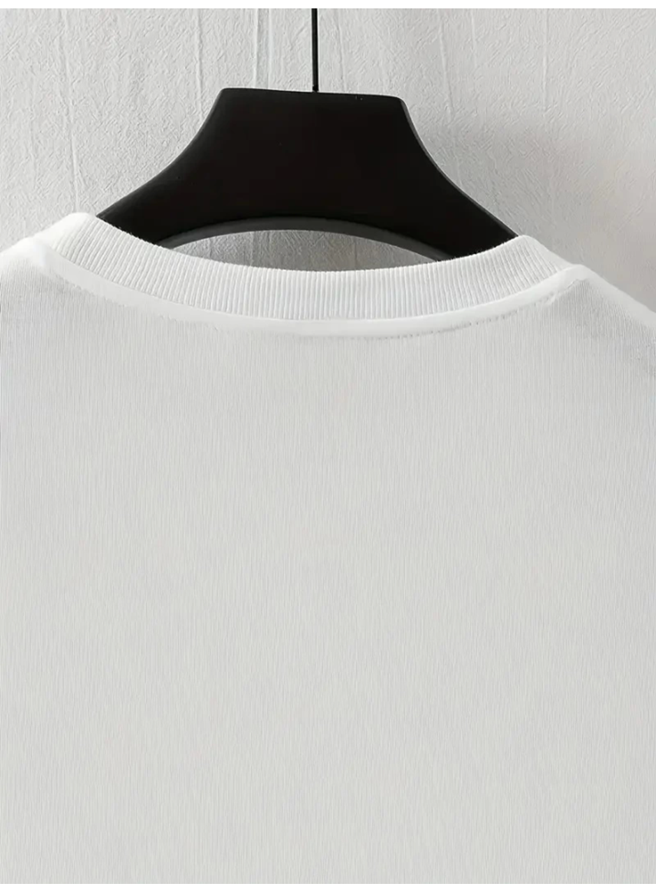 Baskılı Oversize Bisiklet Yaka T-shirt - Beyaz