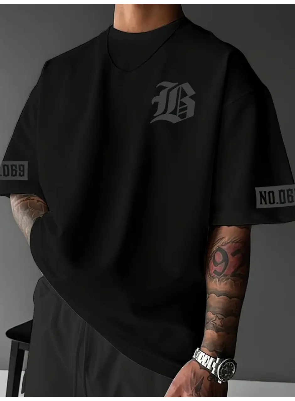 Baskılı Oversize Bisiklet Yaka T-shirt - Siyah