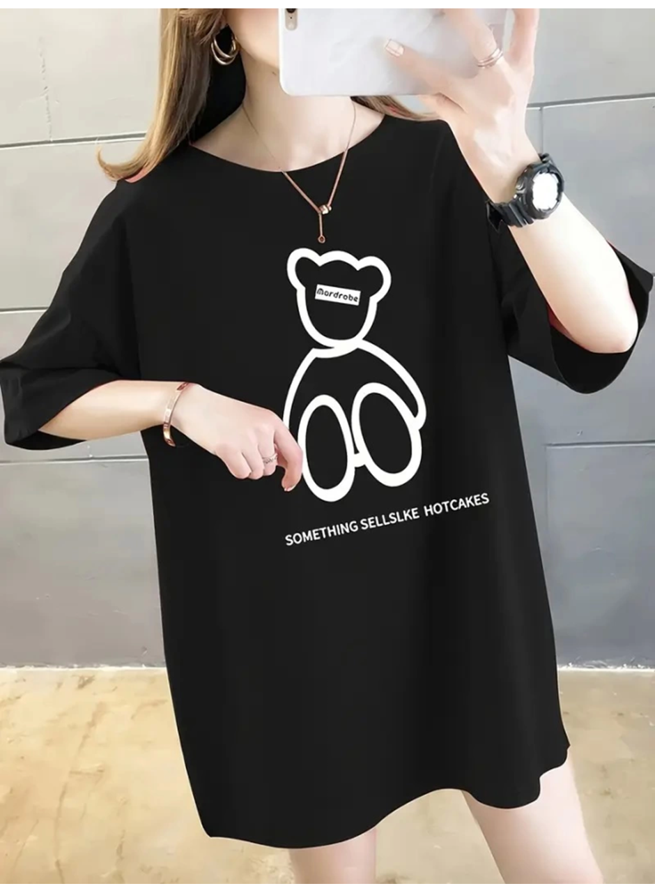 Baskılı Oversize Bisiklet Yaka T-shirt - Siyah