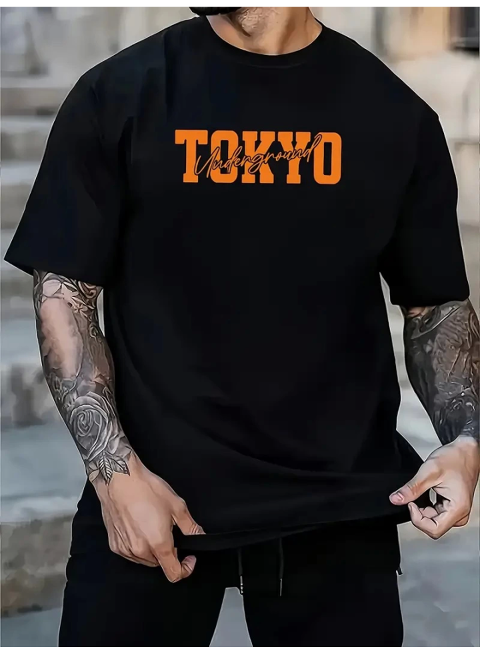 Baskılı Oversize Bisiklet Yaka T-shirt - Siyah