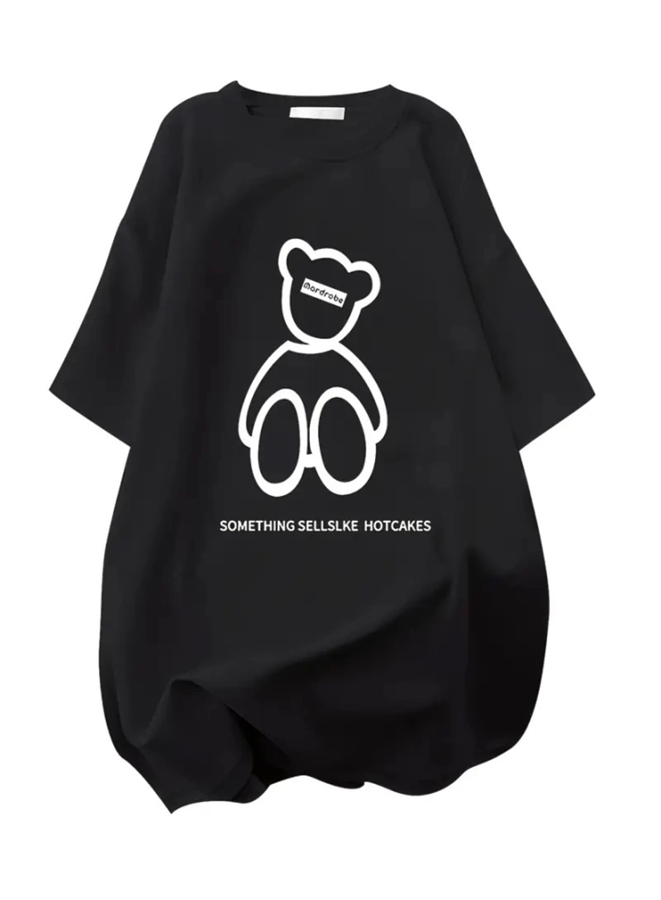 Baskılı Oversize Bisiklet Yaka T-shirt - Siyah