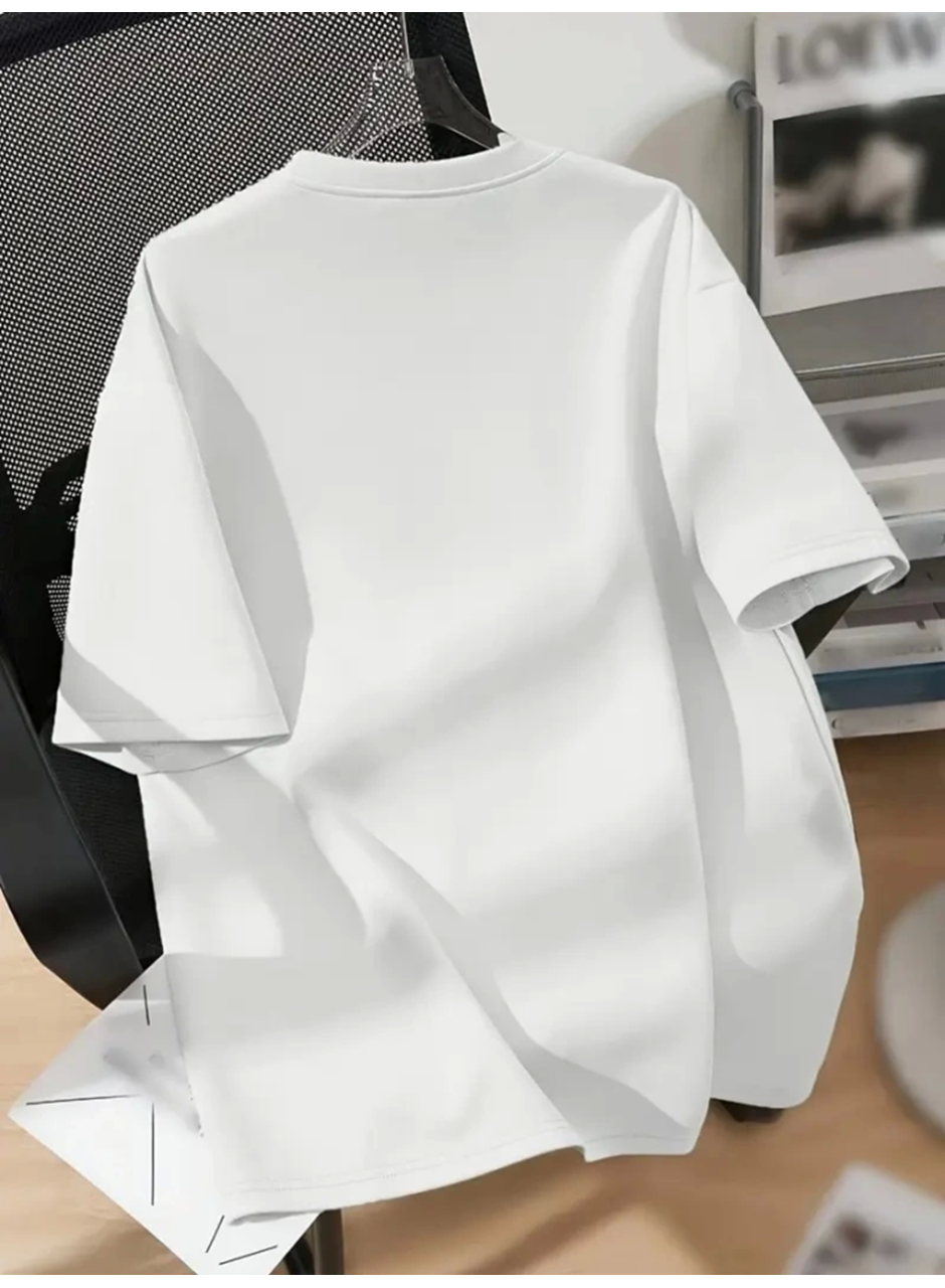 Baskılı Oversize Bisiklet Yaka T-shirt - Beyaz