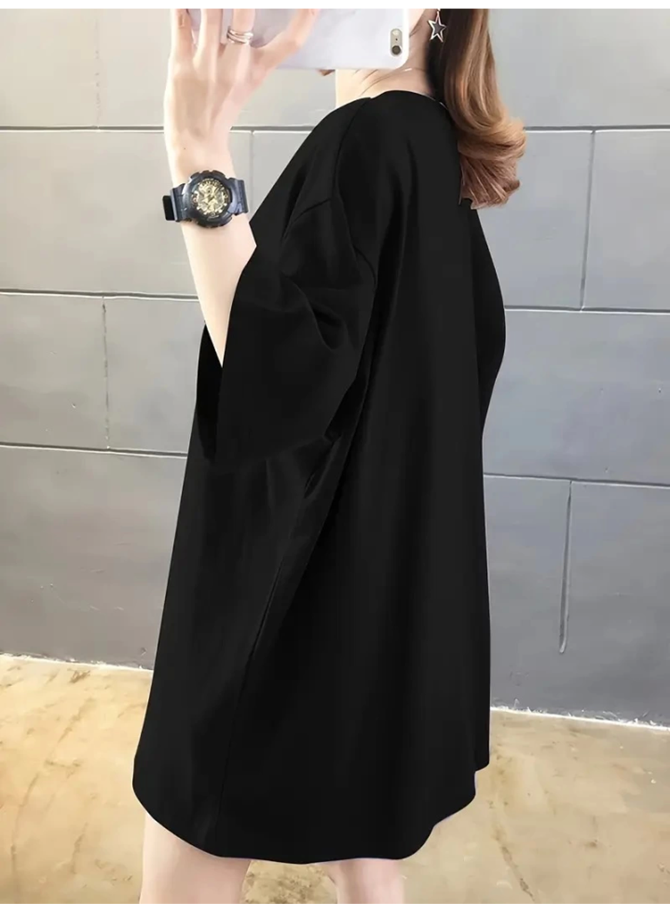 Baskılı Oversize Bisiklet Yaka T-shirt - Siyah