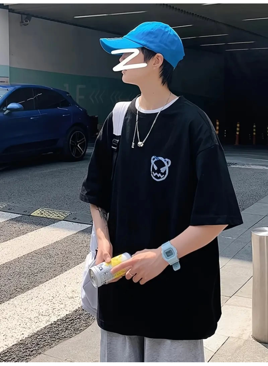 Baskılı Oversize Bisiklet Yaka T-shirt - Siyah