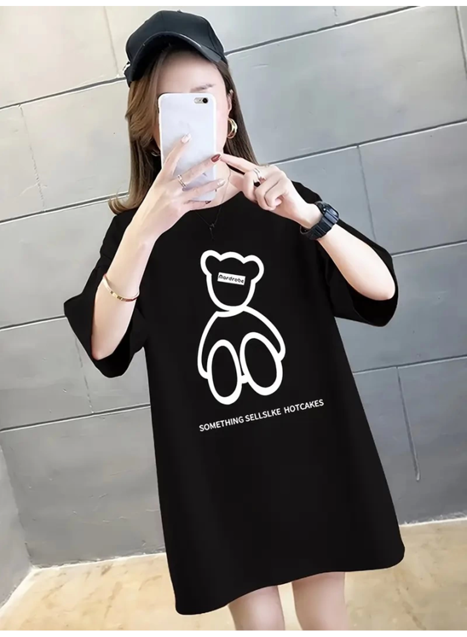 Baskılı Oversize Bisiklet Yaka T-shirt - Siyah