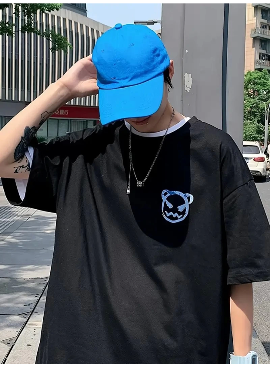 Baskılı Oversize Bisiklet Yaka T-shirt - Siyah