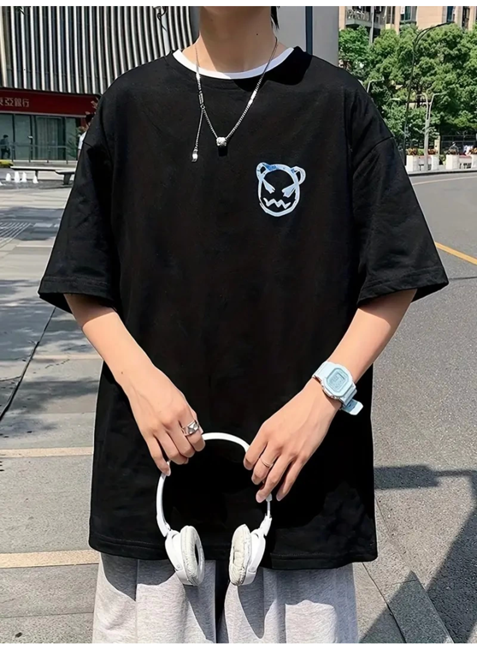 Baskılı Oversize Bisiklet Yaka T-shirt - Siyah