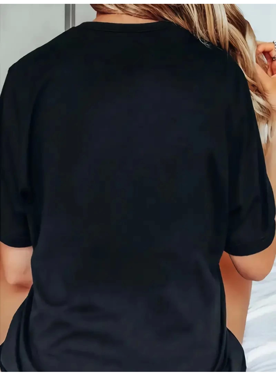 Baskılı Oversize Bisiklet Yaka T-shirt - Siyah