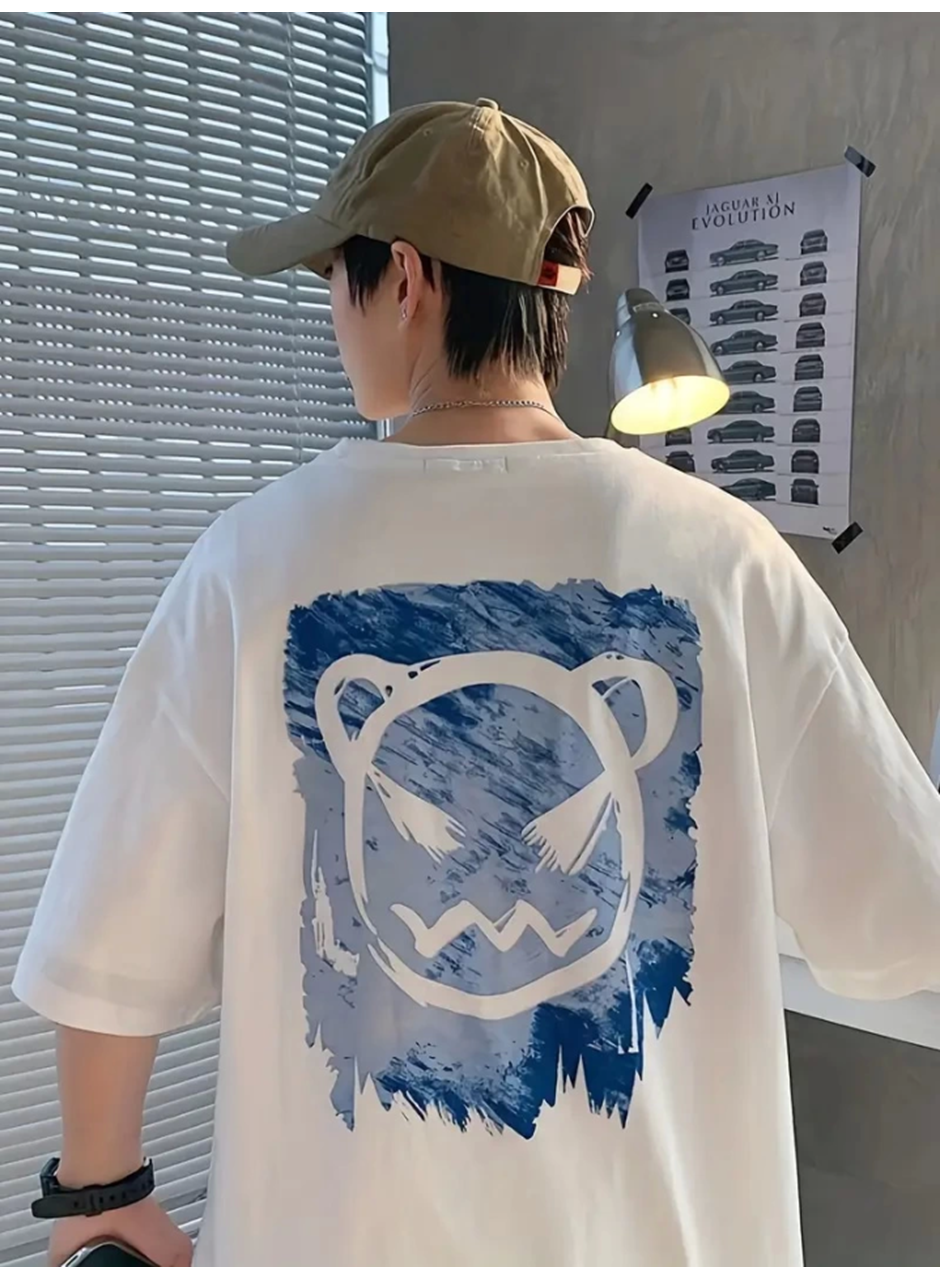 Baskılı Oversize Bisiklet Yaka T-shirt - Beyaz