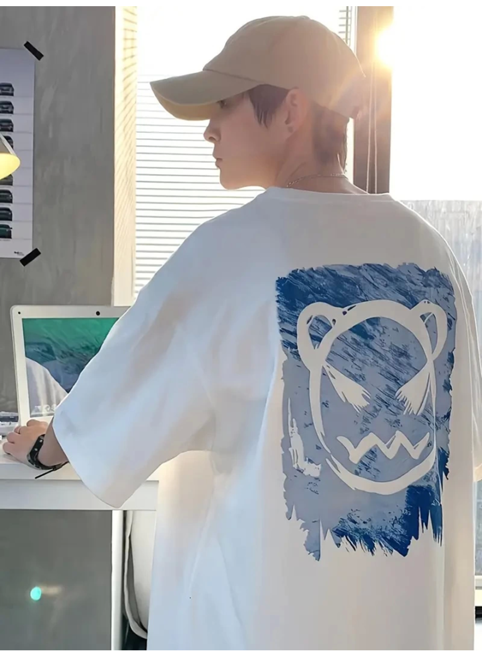 Baskılı Oversize Bisiklet Yaka T-shirt - Beyaz