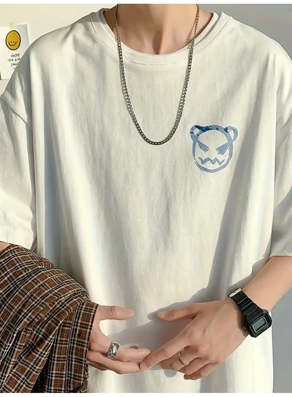 Baskılı Oversize Bisiklet Yaka T-shirt - Beyaz