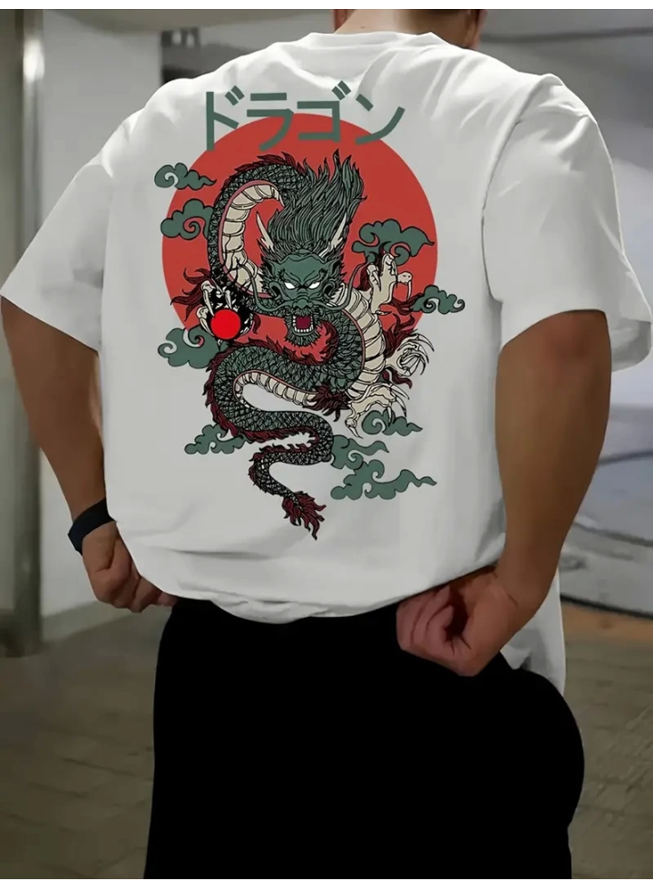 Baskılı Oversize Bisiklet Yaka T-shirt - Beyaz