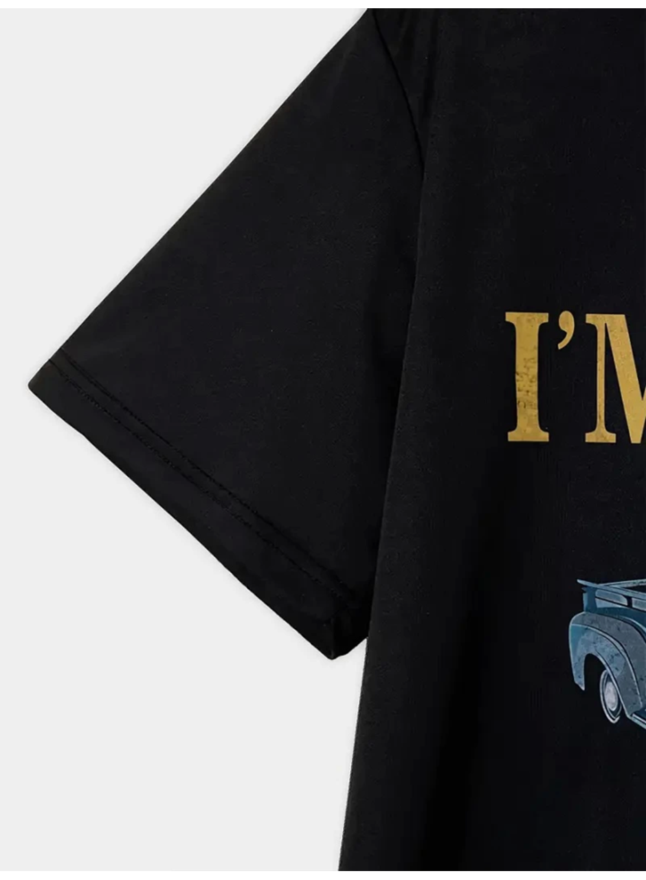 Baskılı Oversize Bisiklet Yaka T-shirt - Siyah