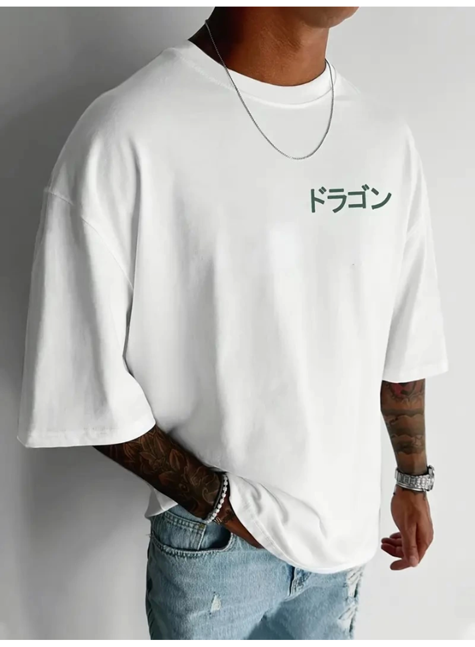 Baskılı Oversize Bisiklet Yaka T-shirt - Beyaz