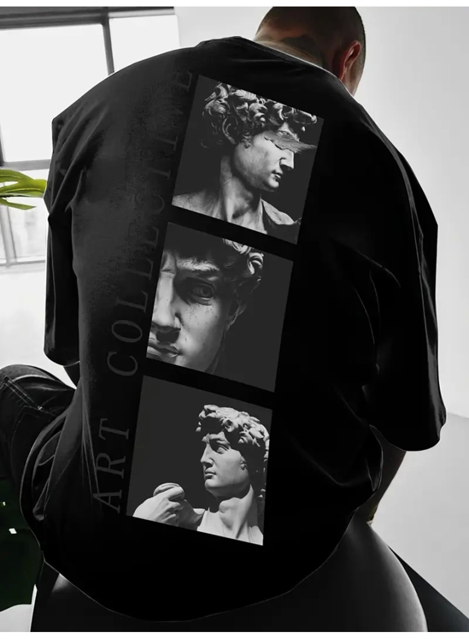 Baskılı Oversize Bisiklet Yaka T-shirt - Siyah