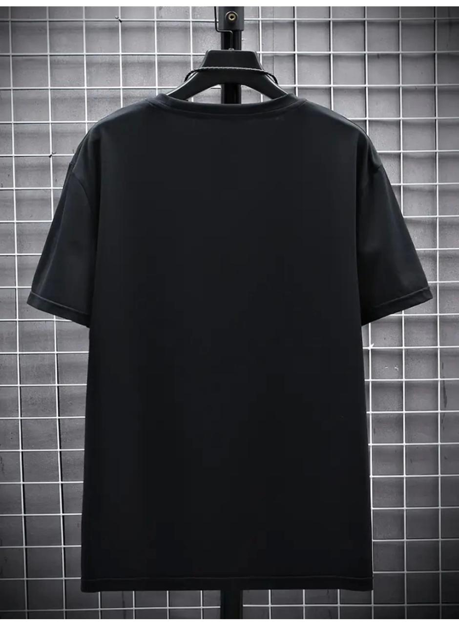 Baskılı Oversize Bisiklet Yaka T-shirt - Siyah