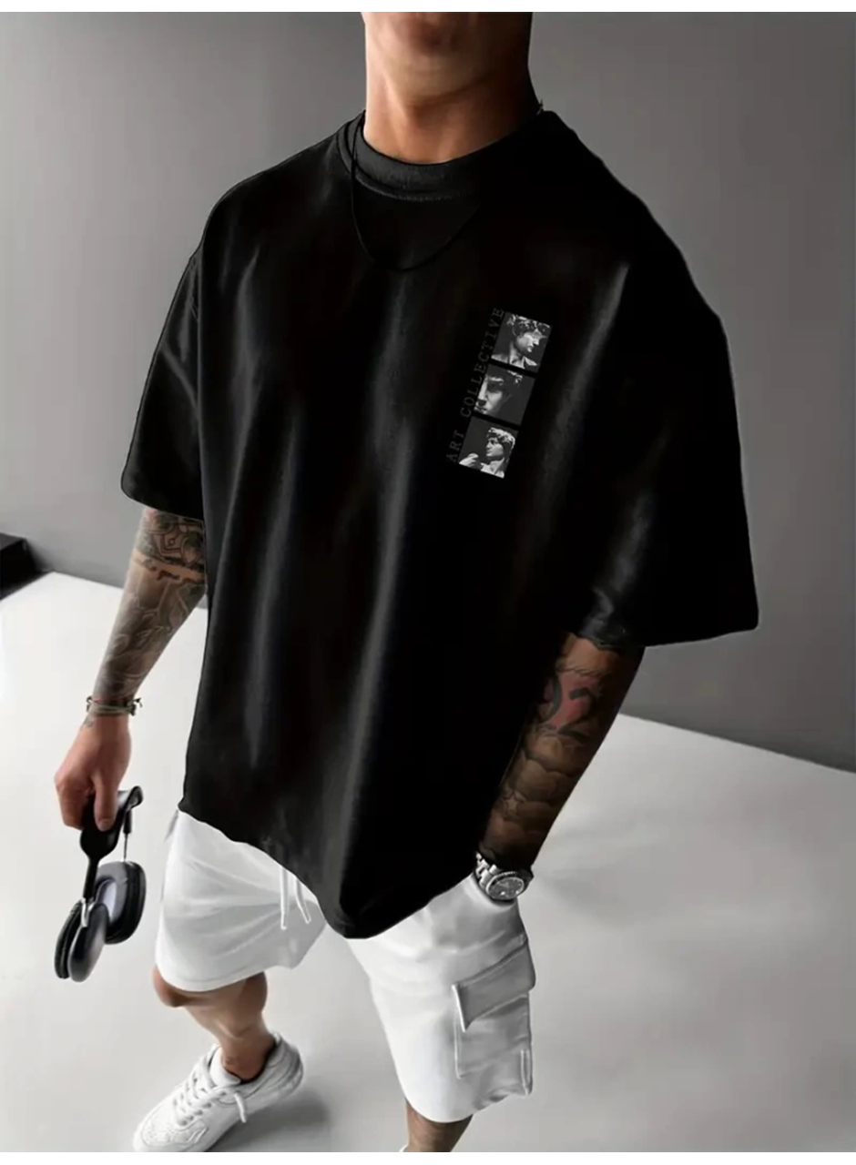 Baskılı Oversize Bisiklet Yaka T-shirt - Siyah