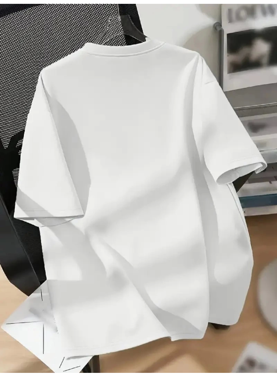 Baskılı Oversize Bisiklet Yaka T-shirt - Beyaz