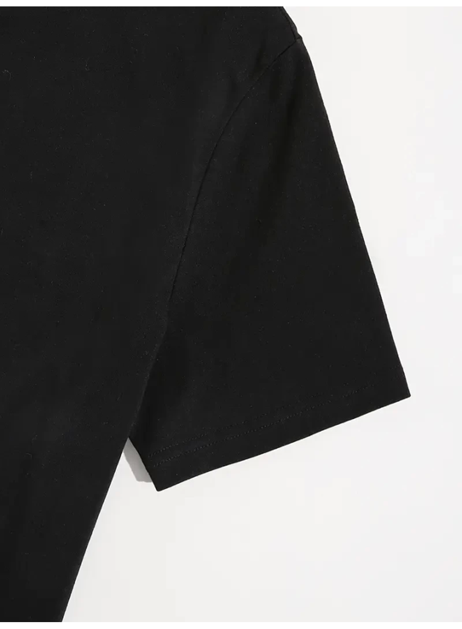 Baskılı Oversize Bisiklet Yaka T-shirt - Siyah