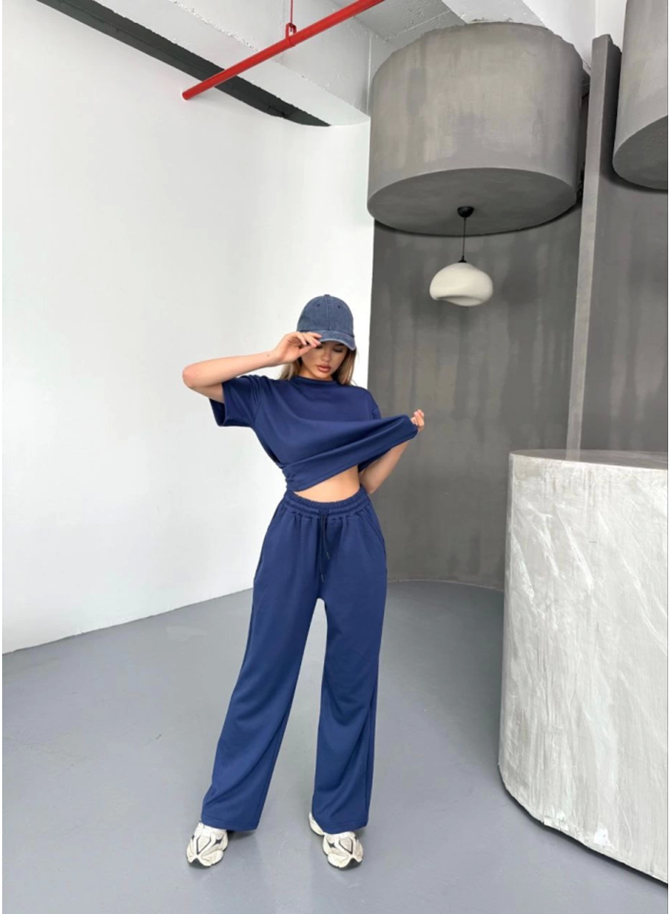 Osy Modal Yumuşak Dokulu Kumaş Kısa Kollu Bluz Rahat Pantalon Ikili Takım- Lacivert