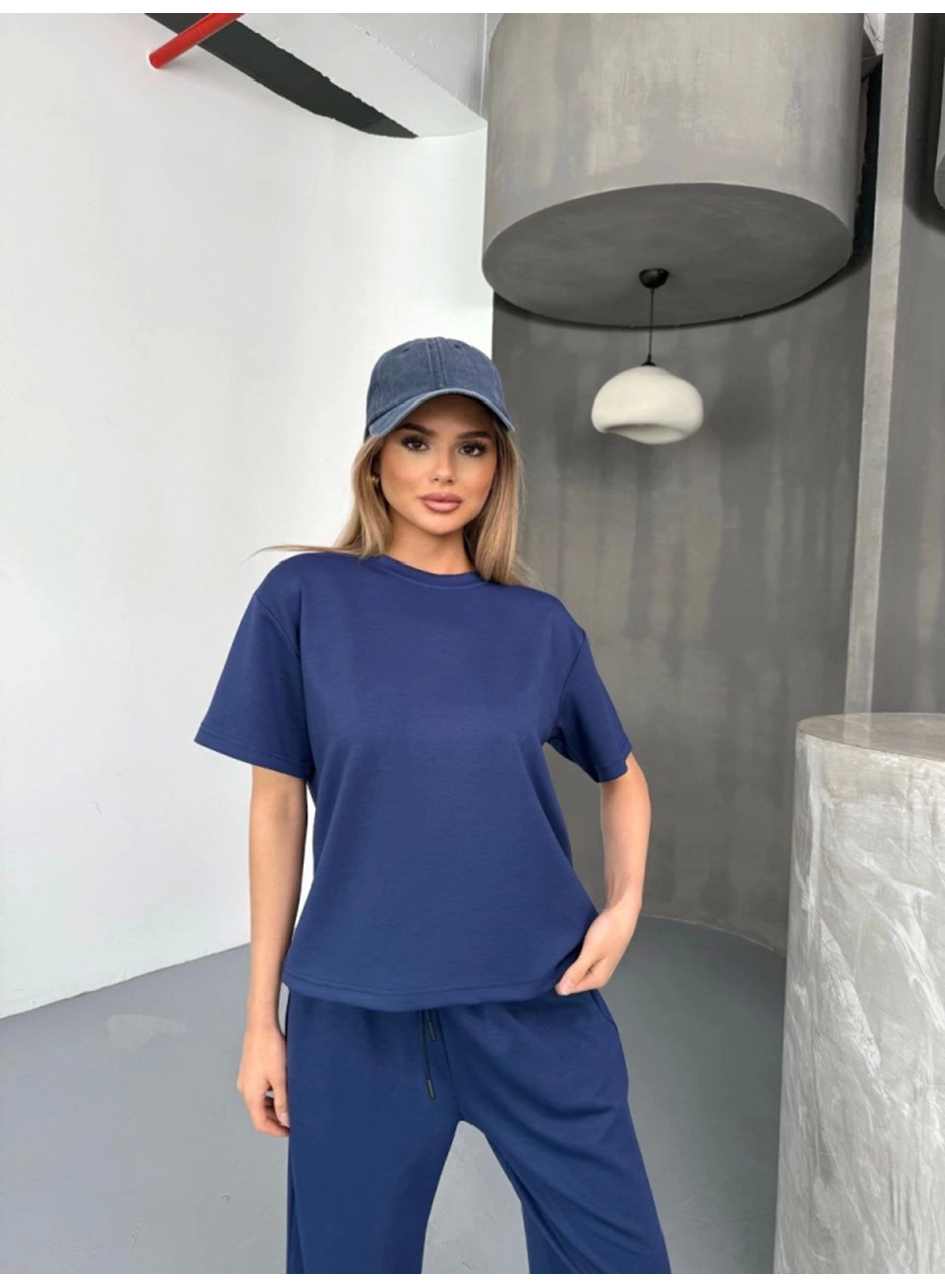 Osy Modal Yumuşak Dokulu Kumaş Kısa Kollu Bluz Rahat Pantalon Ikili Takım- Lacivert