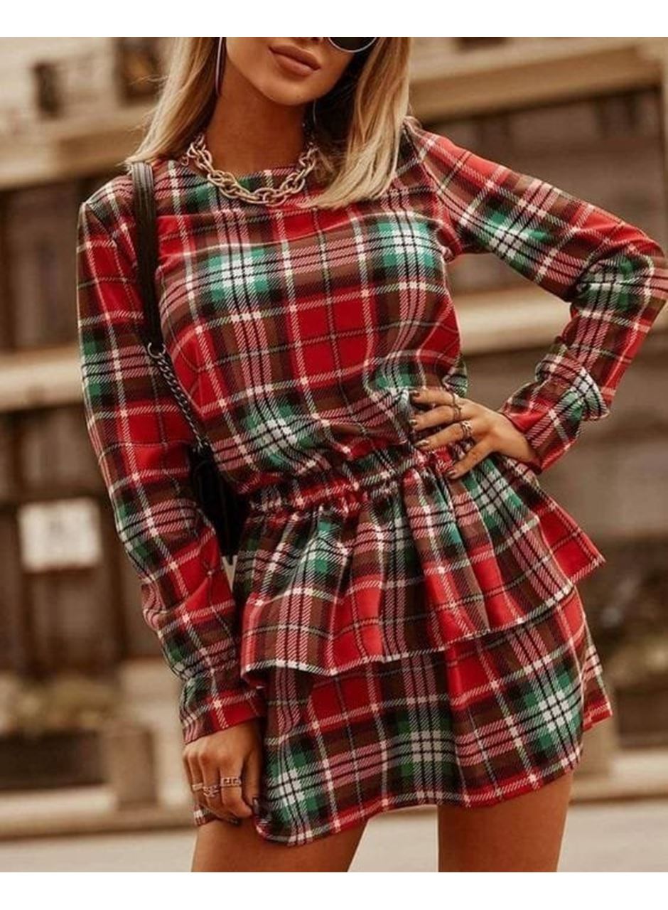 Kadın Ekose Kumaş Dijital Baskılı Uzun Kollu Mini Boy Elbise