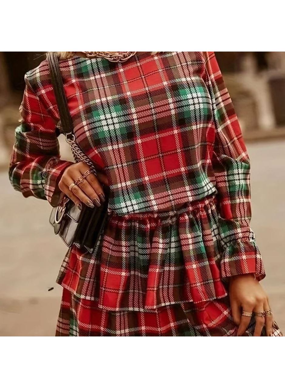 Kadın Ekose Kumaş Dijital Baskılı Uzun Kollu Mini Boy Elbise