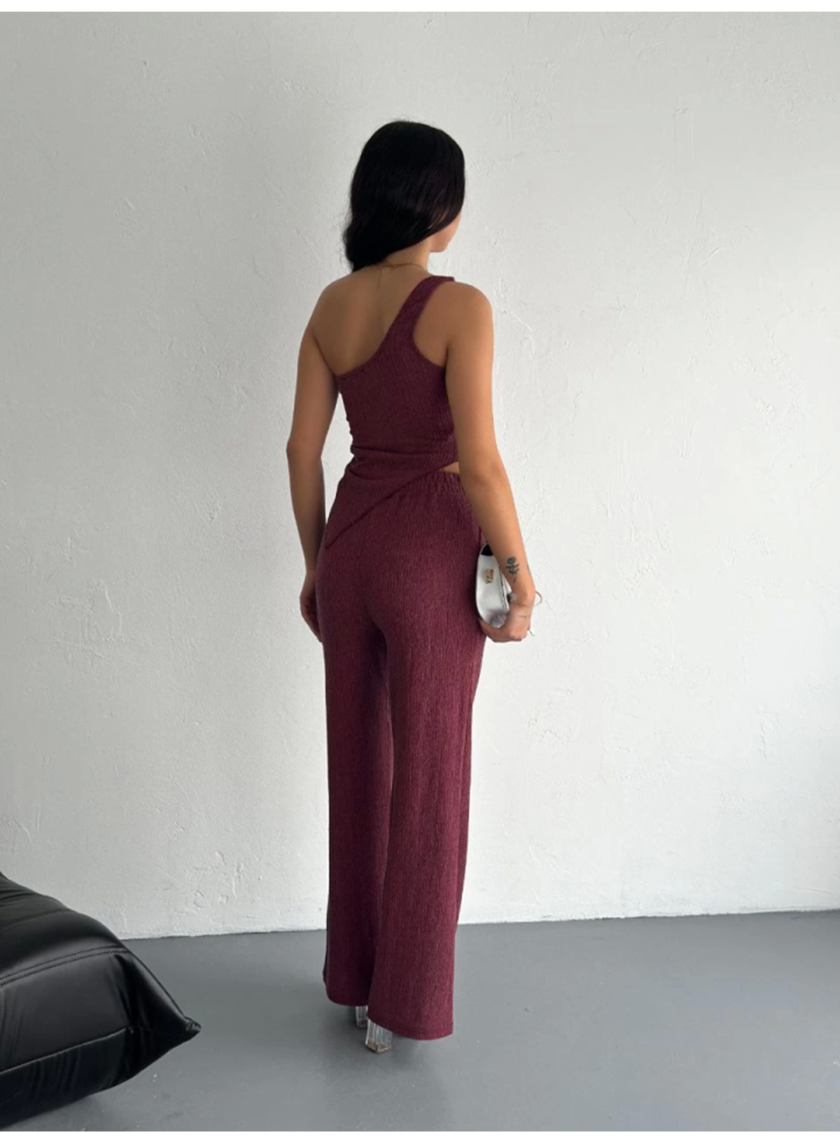 Asimetrik Crop Pantalon Ikili Takım - Gül Kurusu