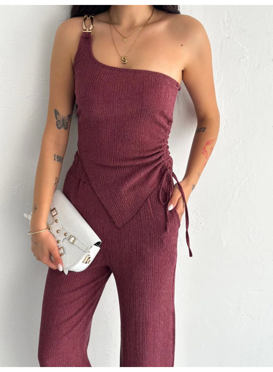 Asimetrik Crop Pantalon Ikili Takım - Gül Kurusu