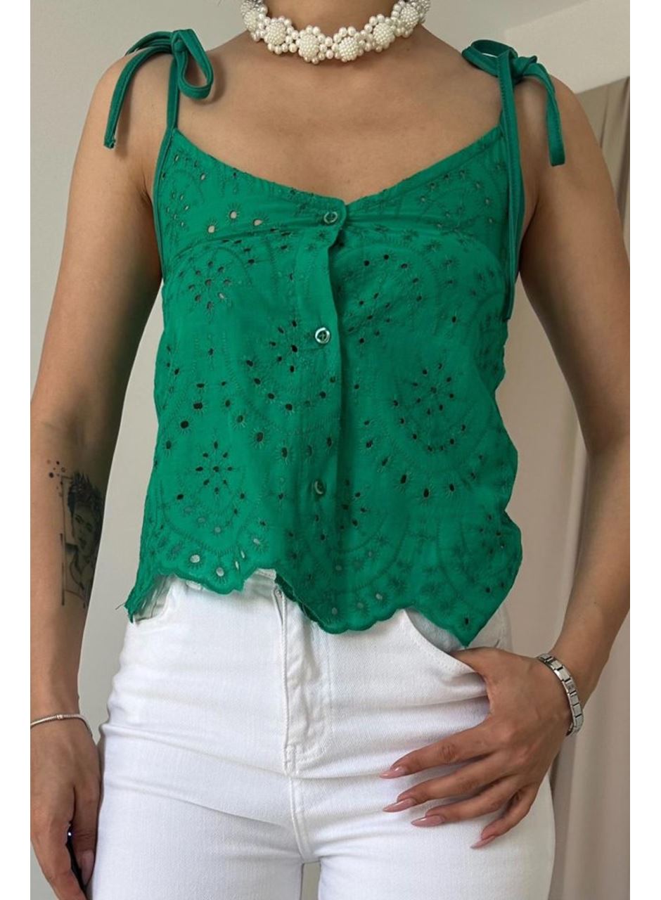 Yeşil Bağcıklı Brode Bluz