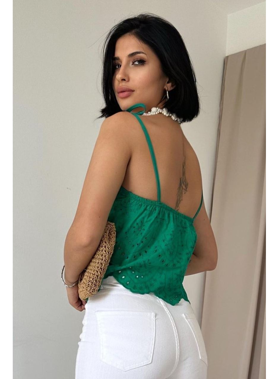 Yeşil Bağcıklı Brode Bluz