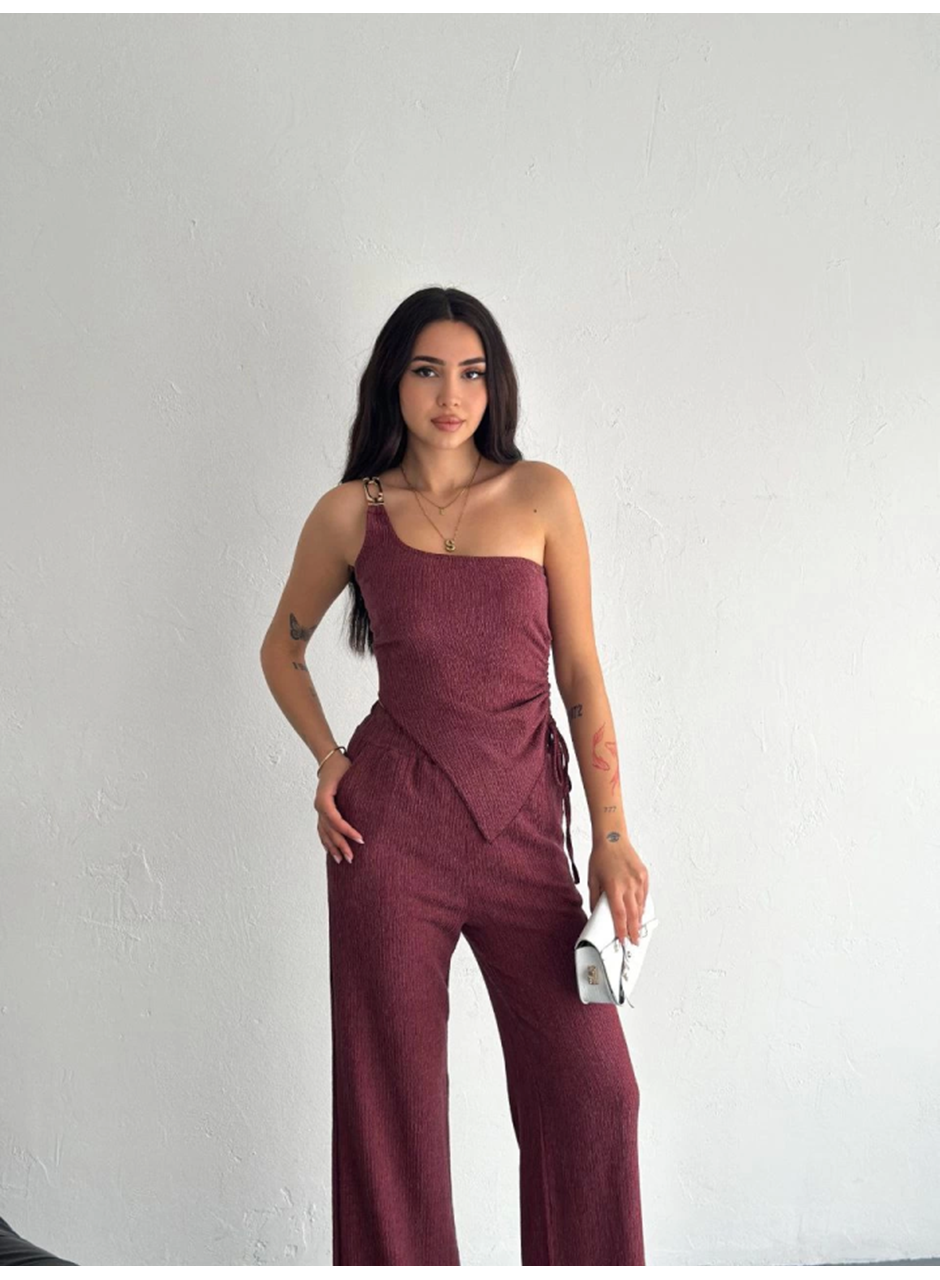 Asimetrik Crop Pantalon Ikili Takım - Gül Kurusu