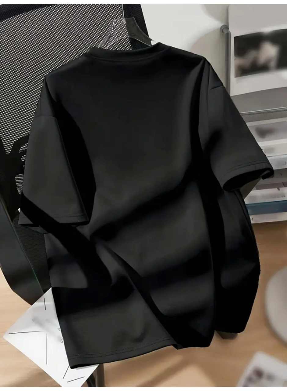 Baskılı Oversize Bisiklet Yaka T-shirt - Siyah