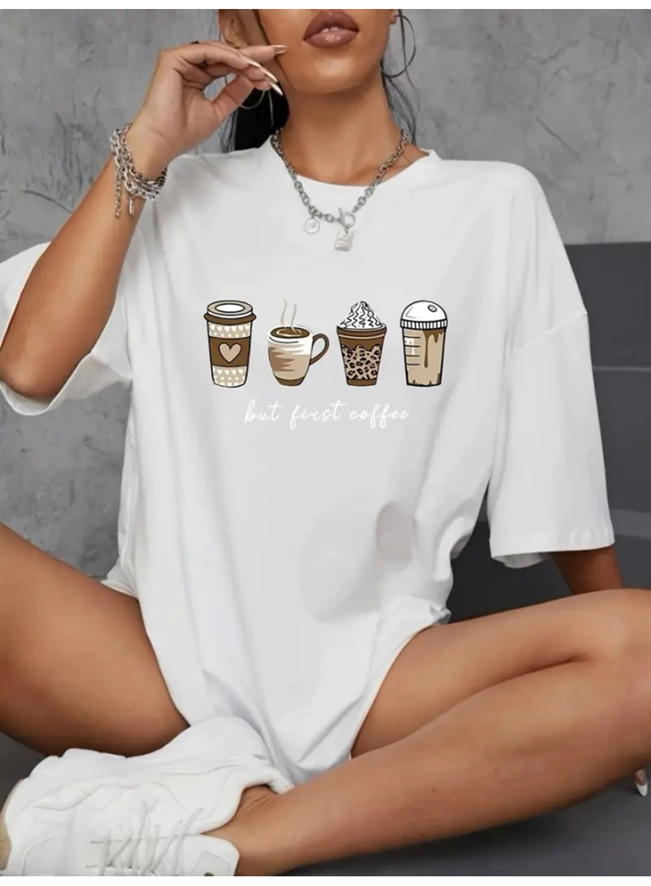 Baskılı Oversize Bisiklet Yaka T-shirt - Beyaz