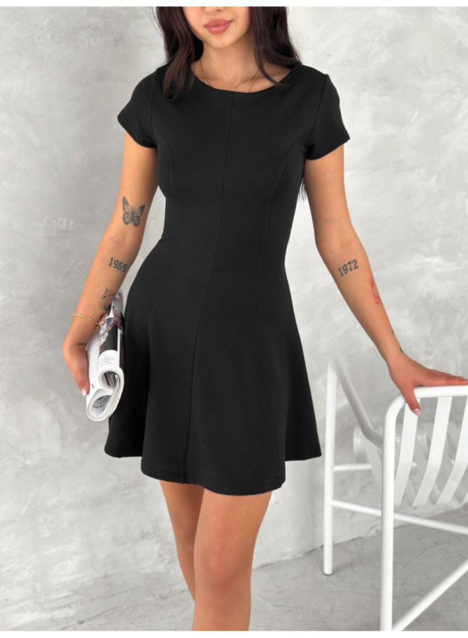 Kısa Kollu Mini Elbise - Siyah