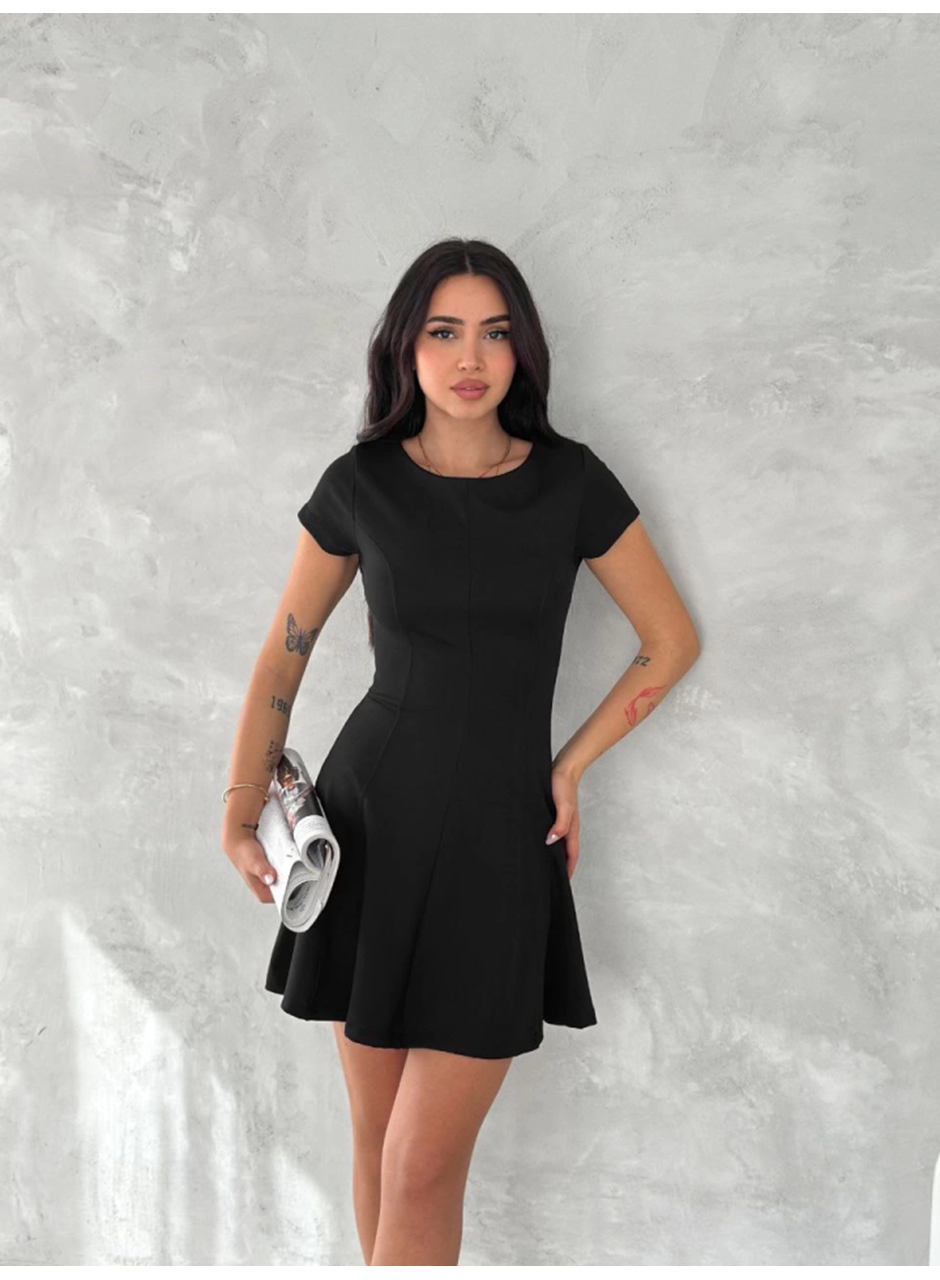 Kısa Kollu Mini Elbise - Siyah