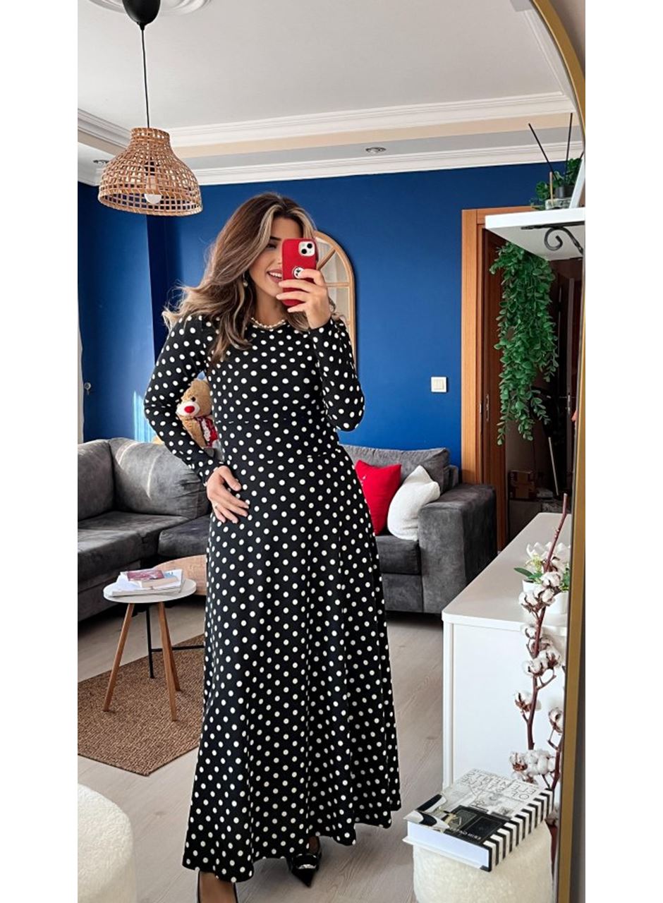 Kadın Krep Kumaş Uzun Kollu Tam Boy Puantiyeli Elbise 132 Cm