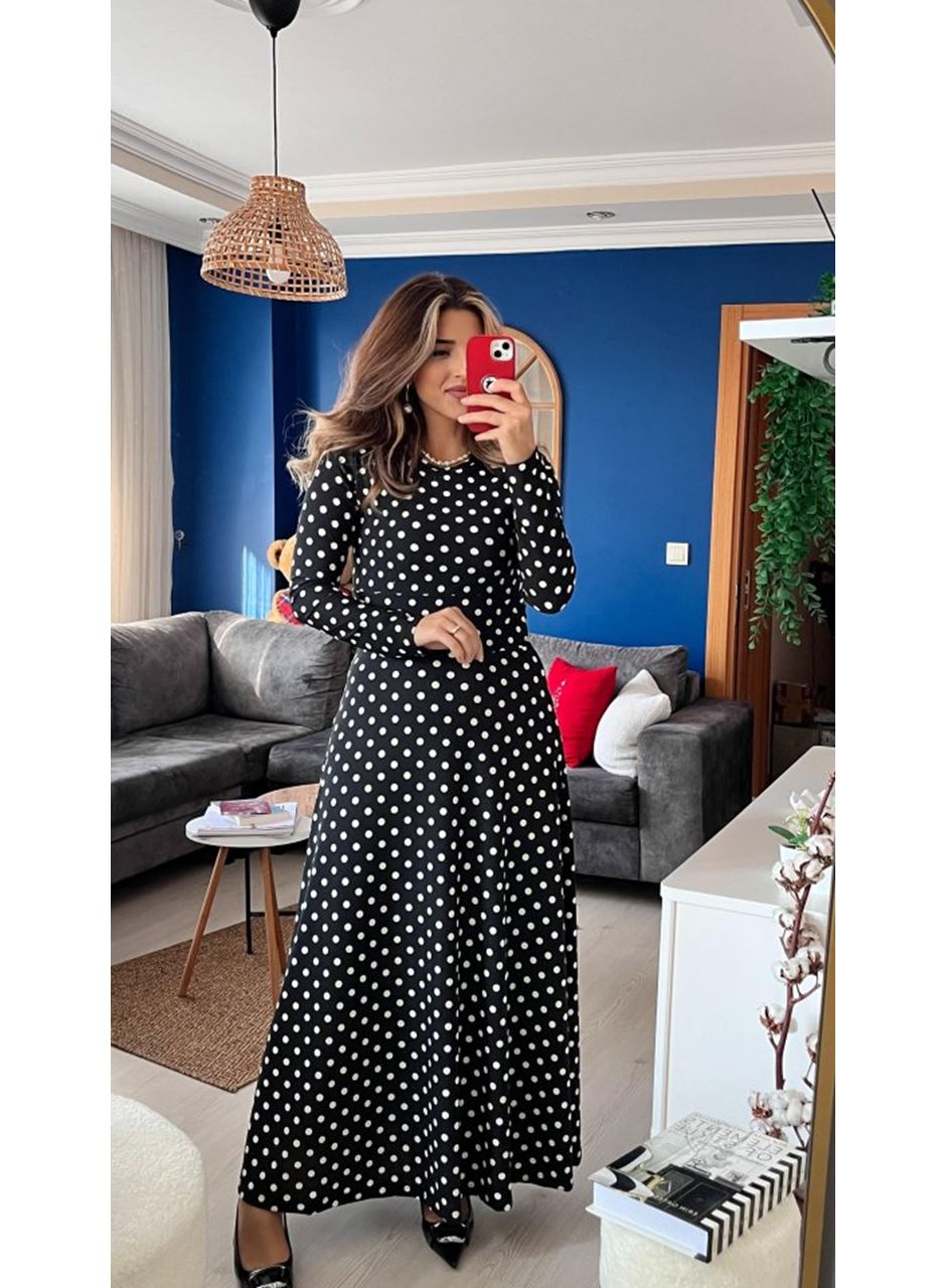 Kadın Krep Kumaş Uzun Kollu Tam Boy Puantiyeli Elbise 132 Cm