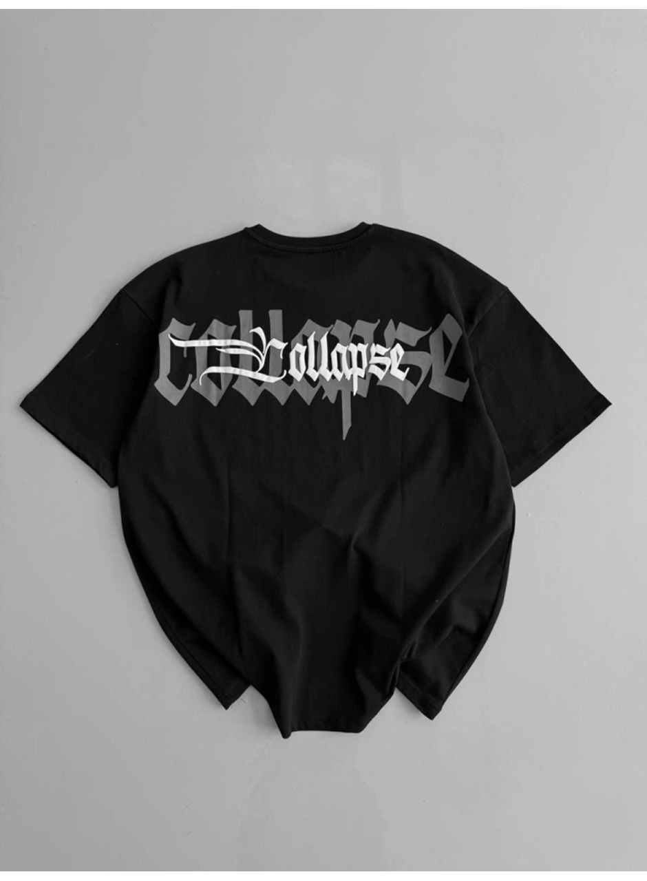 Baskılı Oversize Bisiklet Yaka T-shirt - Siyah