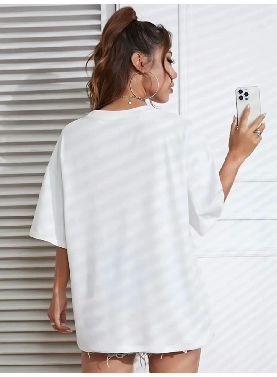 Baskılı Oversize Bisiklet Yaka T-shirt - Beyaz